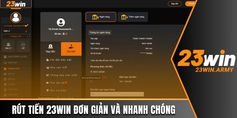 Rút tiền 23win đơn giản và nhanh chóng sau 5 phút